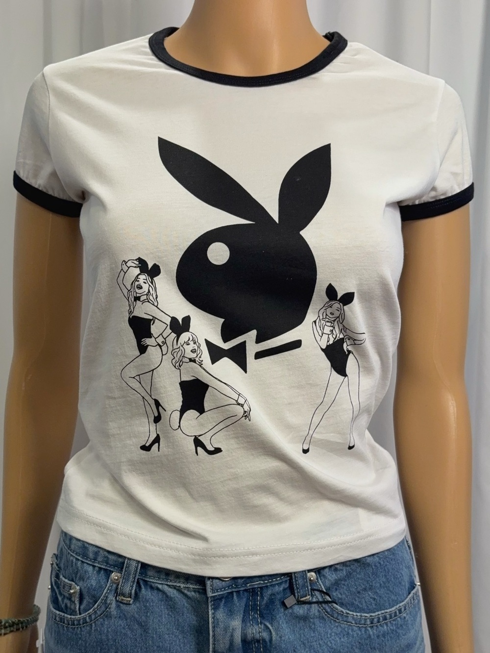 NWT Playboy Graphic Contrast Baby Tee - White/Black (Size M, Runs Small)